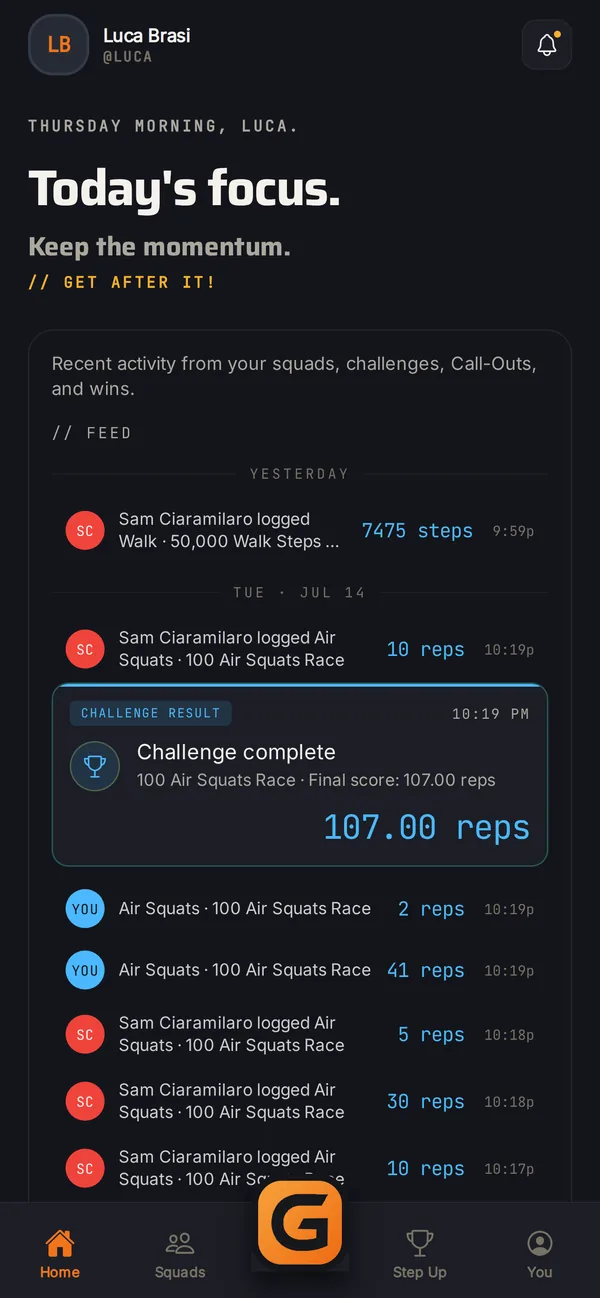 Gotta home feed showing recent squad effort and a completed Challenge